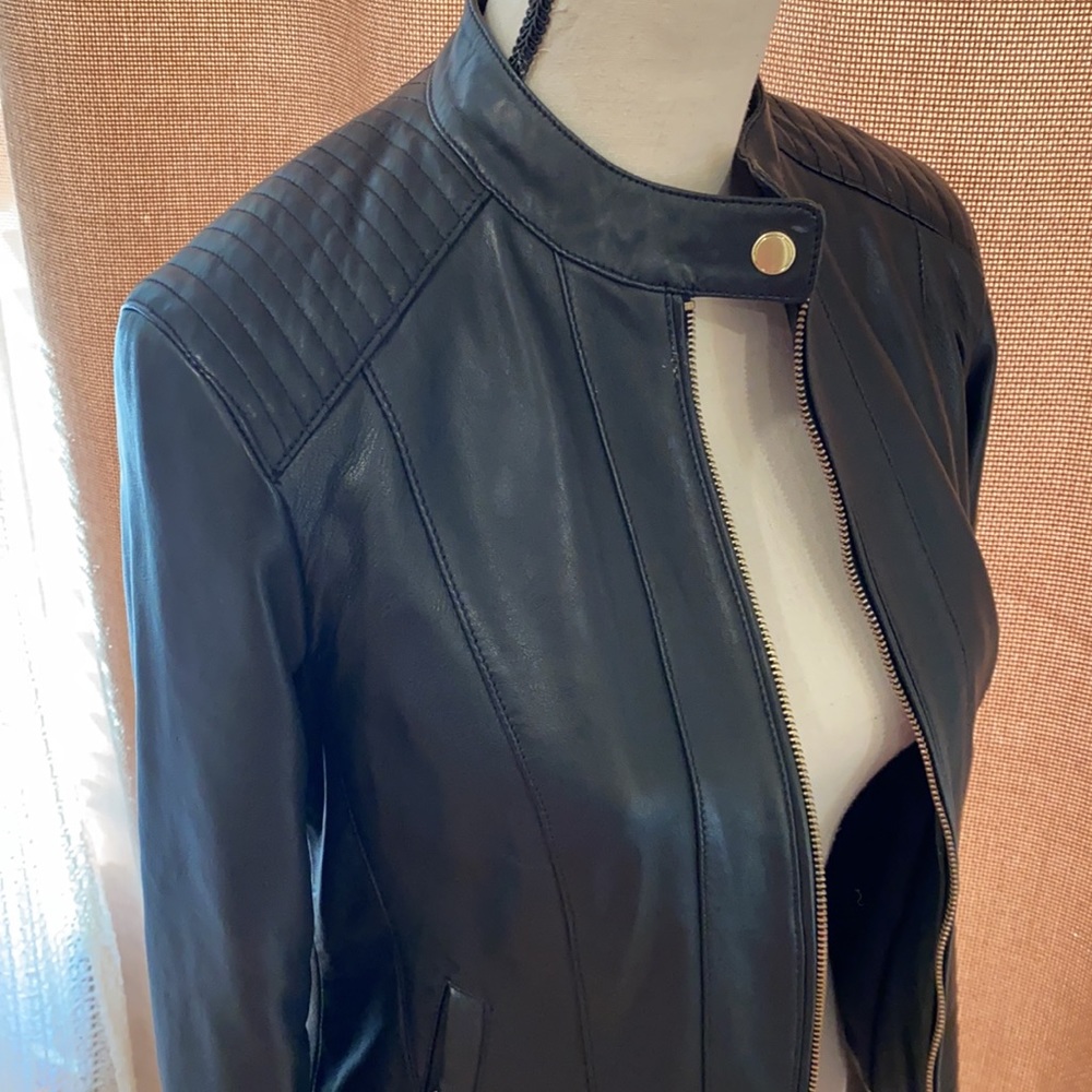 Cole Haan Genuine Leather Racer Jacket with Quilted Panels Sz XS - Picture 4 of 9
